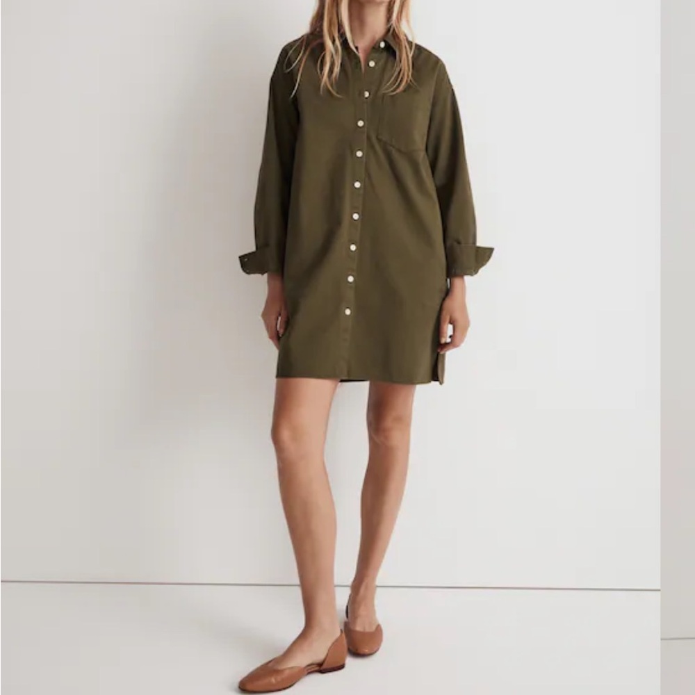 Madewell Mini Shirt Dress - Button-Up Dress - Loden Green Minimalist Collar M